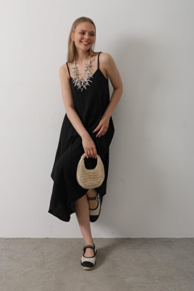 VAGGON Γυναικείο λινό φόρεμα μίντι μήκους με λεπτό λουράκι Vs00583