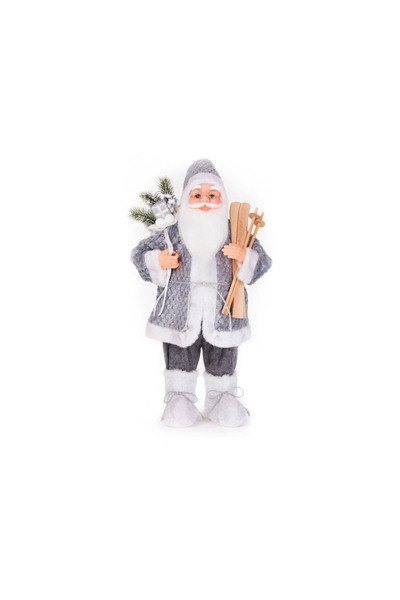 Strend Pro Vánoční dekorace, Santa Claus s lyžemi a dárky, šedobílé chmýří, 60 cm