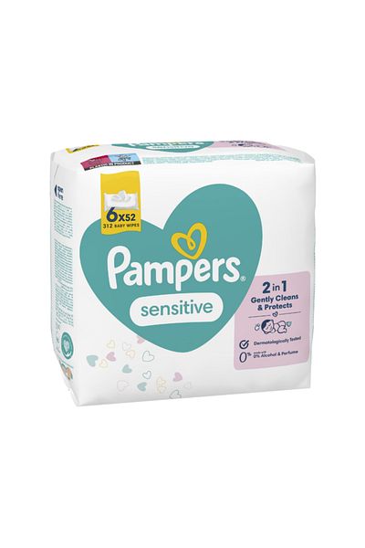 Pampers Sensitive Wet Wipes, 2 in 1 Gently Cleans & Protect, 6 packs x 52, 312 pcs