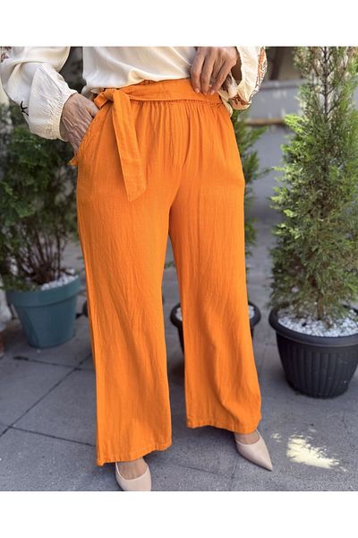 DenizEge Belted Cotton Trousers Orange