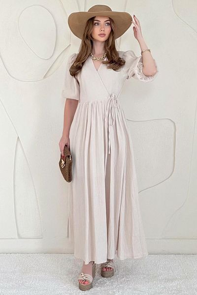 Elbee Fashion Woman Muslin Dress with Binding Detail