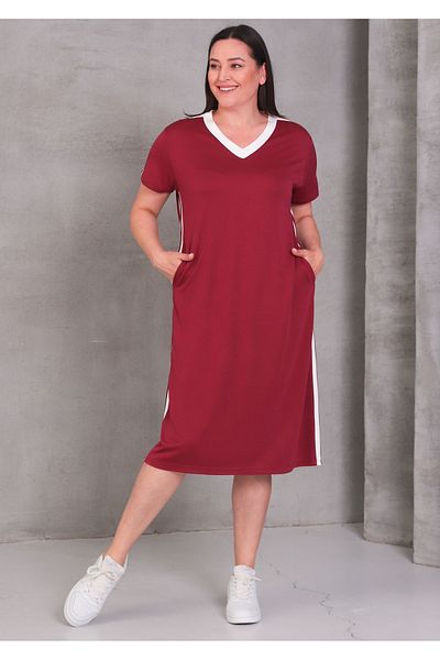 Şans Women's Plus Size Burgundy-White, V-Neck, Piping Detail Midi Dress with Pockets 65N39083