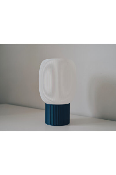 Atsu 3D Modern Minimal Lampshade – White Oval Curved Body and Navy Blue Base Table Lamp