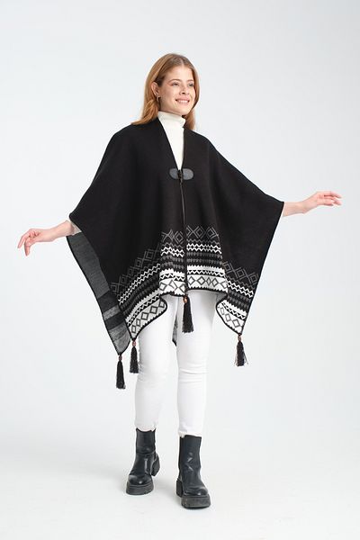 T Crazy T-Crazy Geometric Pattern Woven Knitwear Poncho, Leather Detail Tassel Women's Outerwear