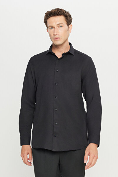 AC&Co / Altınyıldız Classics Erkek Siyah Tailored Slim Fit Dar Kesim Küçük İtalyan Yaka Armürlü Oxford Gömlek