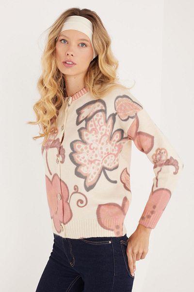 Tudors Women's Regular Fit Classic Cut Patterned Ecru Cardigan