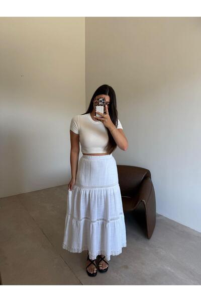 Bade Butik Fusta de muselină cu detaliu ecru guipur