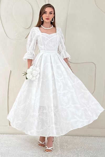 Elbee Fashion Woman Flared dress with elastic sleeves and belt