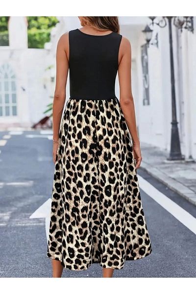 Silerra Women's Strappy Round Neck Top Viscose Bottom Leopard Patterned Single Jersey Long Dress