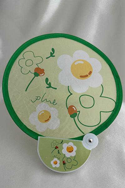 Modex Yeşil Sarı Papatya Desenli Aparatlı Çantalı Katlanabilir Yuvarlak Tasarım Yelpaze (21*21)