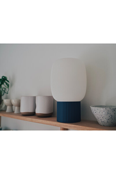Atsu 3D Modern Minimal Lampshade – White Oval Curved Body and Navy Blue Base Table Lamp