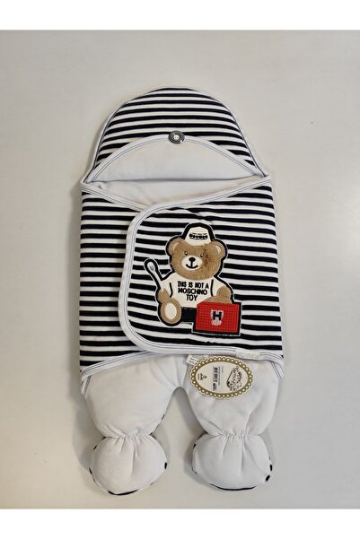 Tomuycuk Newborn Unisex Footed Baby Swaddle and Sleeping Bag - Teddy Bear Embroidered & Navy Blue Striped