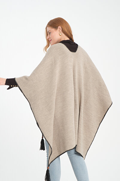 T Crazy T-Crazy Solid Color Fisherman Stitching Woven Knitwear Poncho, Button Detailed Tassel Women's Outerwear Poncho