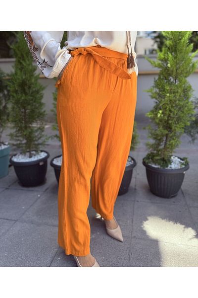 DenizEge Belted Cotton Trousers Orange