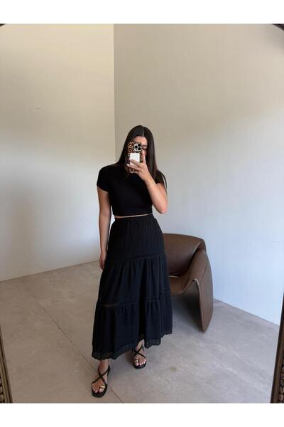 Bade Butik Μαύρη φούστα μουσελίνα με λεπτομέρειες από γκουπέρ