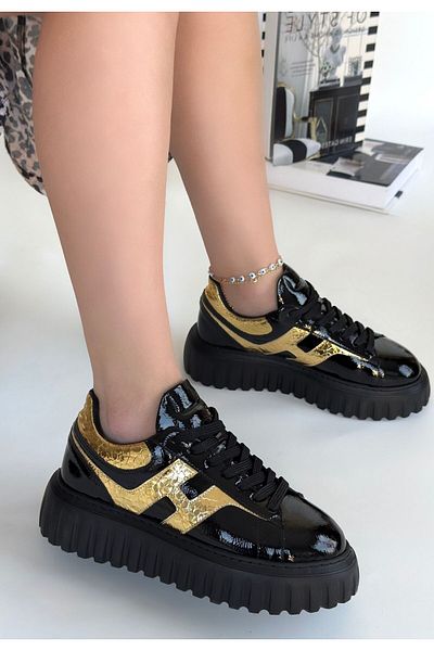 pabucmarketi Black Patent Leather Gold Lace-Up Women's Sports Shoes