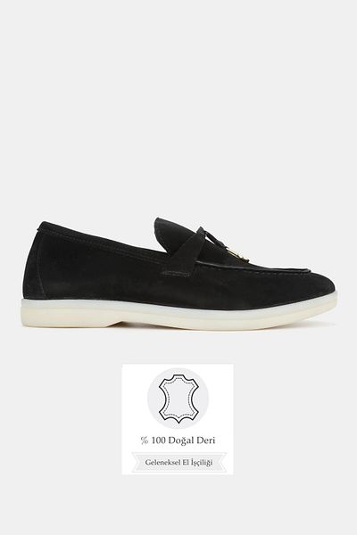 TUNAELLİ Women's Black Suede Khaki Natural Leather Number 36-41 Bow Loafer Shoes