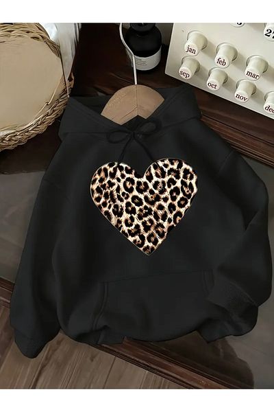 FUFLUNS Oversize Unisex Hooded Sweatshirt with Leopard Heart Print