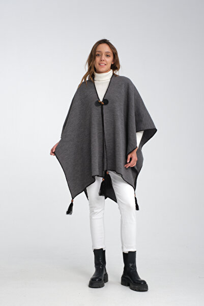 T Crazy T-Crazy Solid Color Fisherman Stitching Woven Knitwear Poncho, Button Detailed Tassel Women's Outerwear Poncho