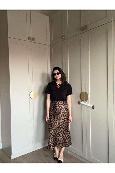 Bade Butik Кавова спідниця з атласу з леопардовим принтом