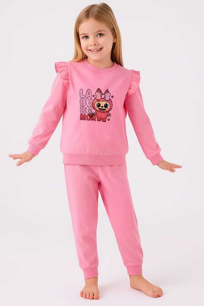 ESİLA KİDS Girl's Set Pink Printed Ruffle Sweatshirt and Sweatpants Set 5-8 Years