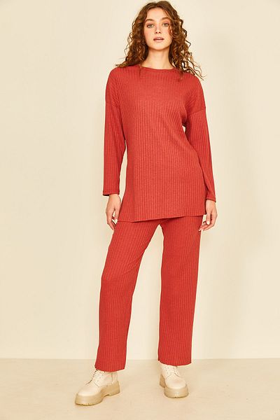EYYE Cotton Ribbed Women's Blouse Trousers Double Set