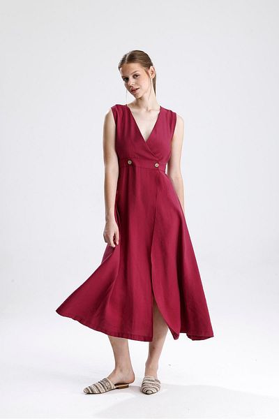 VAPUR TEKSTİL Double Breasted Pleated Burgundy Dress