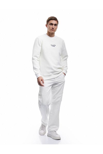 Koton Long Sleeve Crew Neck Textured White Men's Sweatshirt 6Wam70075Mk