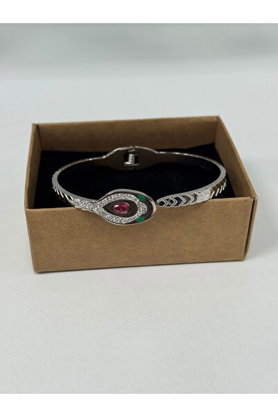 VLDORO D'Oro Silver Color Red Stone Snake Figure Steel Bracelet