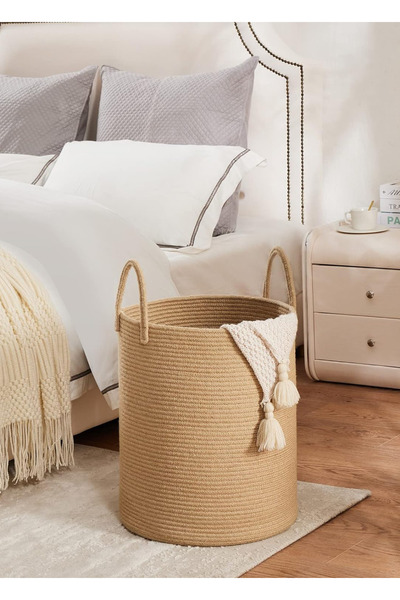 Moder's Design Handle Detailed Jute Laundry Dirty Basket Blanket Toy Towel Magazine Storage