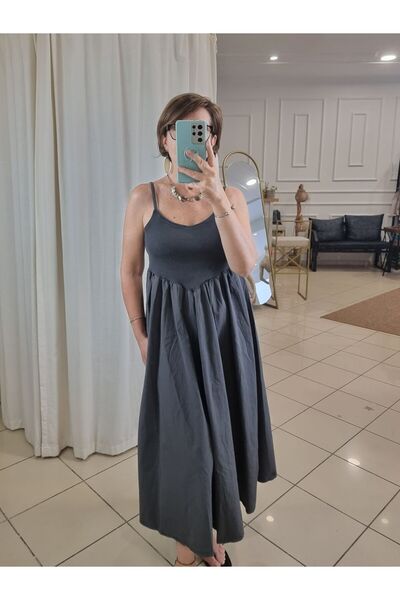 pudubutik Koton Poplin Flounced Dress Anthracite