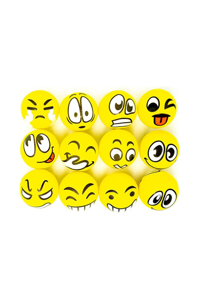 MNS Set of 12 yellow anti-stress balls with funny facial expressions, ideal for calming and concentratin