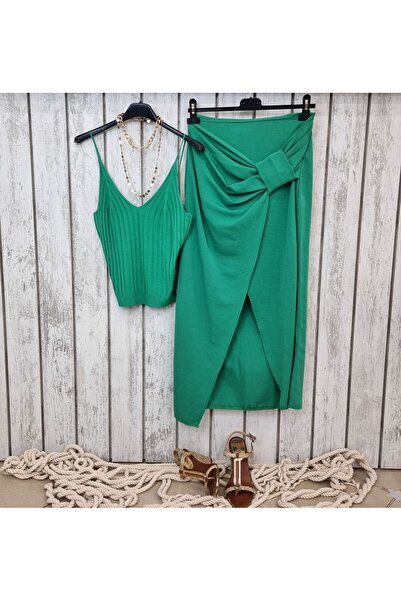 pudubutik Linen Textured Front Slit Green Skirt