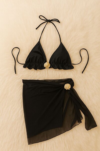 Oprah Siyah Deniz Kabuk Detaylı Bikini Üstü ve Pareo Takım