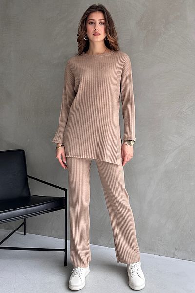 EYYE Cotton Ribbed Women's Blouse Trousers Double Set