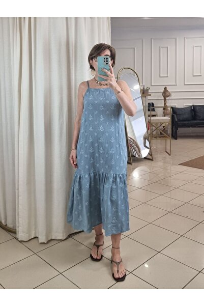 pudubutik Waved Strap Cotton Dress Baby Blue