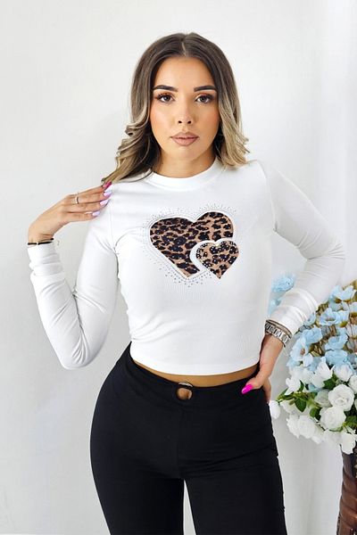 FashionForYou Woven short top, with cotton and animal print logo, Mirage White, M