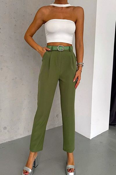 FashionForYou Malon elegant trousers, with pleats and matching belt, Green, XL