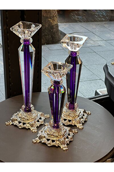 Diamond Porselen Kristal 3’lü Şamdan Seti – Mor Gövdeli & Gümüş Renkli El Yap...