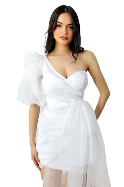 FashionForYou Rochie de seara Dayana, cu maneca bufanta si detaliu din organza, Alb