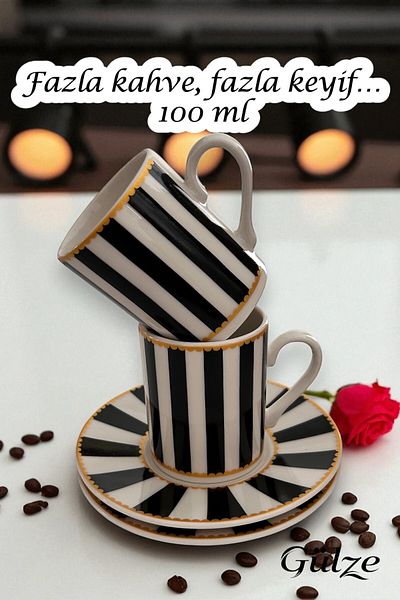 GÜLZE 2 Person (4 Pieces) Harmony Model Luxury Coffee Cup Set (Special Design, 100% Porcelain)