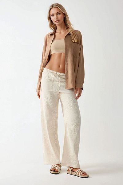 Hiccup High Waist Floral Embroidered Wide Leg Pants