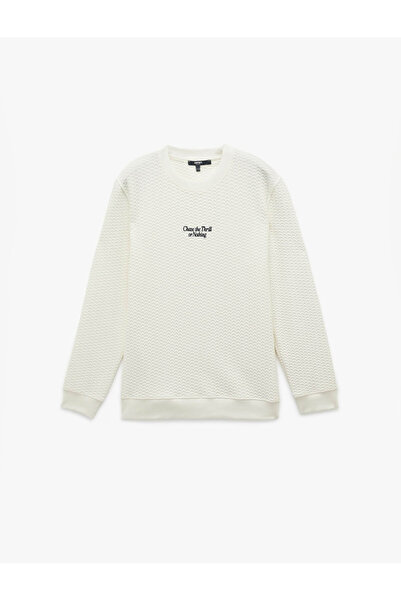 Koton Ανδρικό φούτερ με μακρυμάνικο λαιμόκοψη με υφή λευκό 6Wam70075Mk