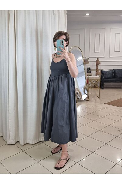 pudubutik Koton Poplin Flounced Dress Anthracite