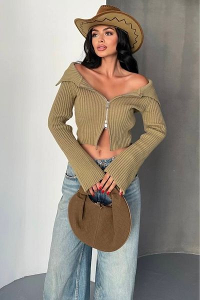 Baby xclub Women's madonna collar zipper knit sweater