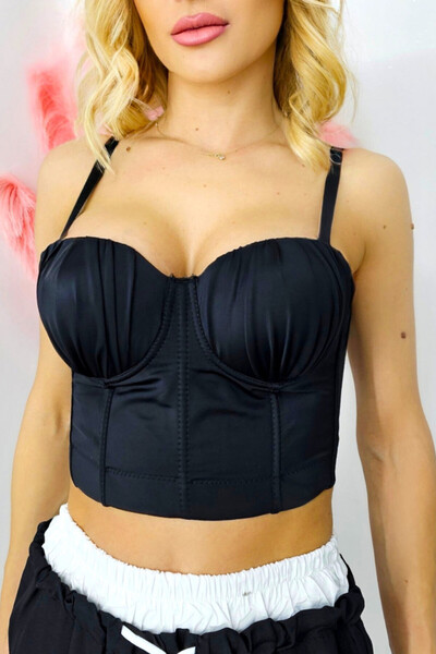 FashionForYou Snow Breeze Corset, with adjustable medium-thick straps and draped cups, Black, M