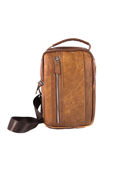 L-line fashion Men's bag, made of genuine leather, camel brown, with two main compartments, size 27/18/7cm