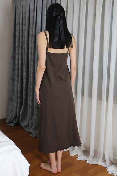 Akbeniz Women's Rope Strap Long Slit Cotton Combed Nightgown Brown 90125