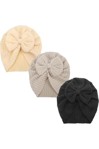 Generic Turban Hats with Bow, 3 Pieces, 0-12 Months, Gray, Cream, and Black