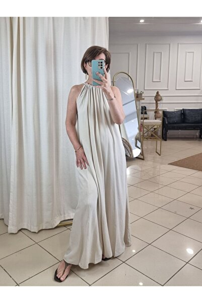 pudubutik Modal Long Beige Dress with Halter Neck